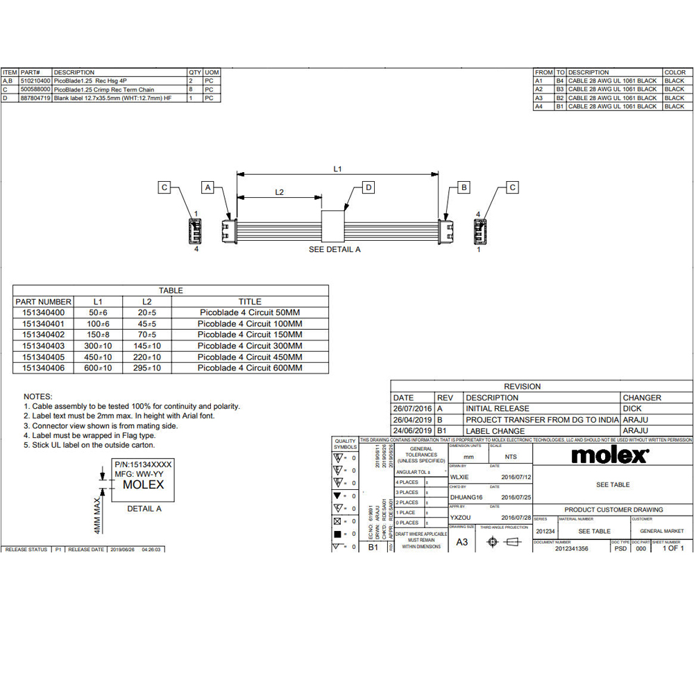 Molex151340400 Plug Connector Wire 4P WTB Female to PicoBlade Female Cable Assembly (1)