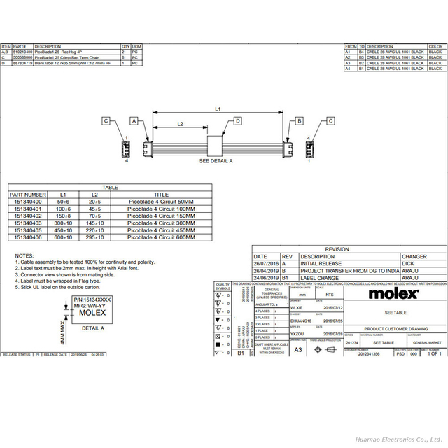 Molex151340400 Plug Connector Wire 4P OTS Female To PicoBlade Female Cable Assembly
