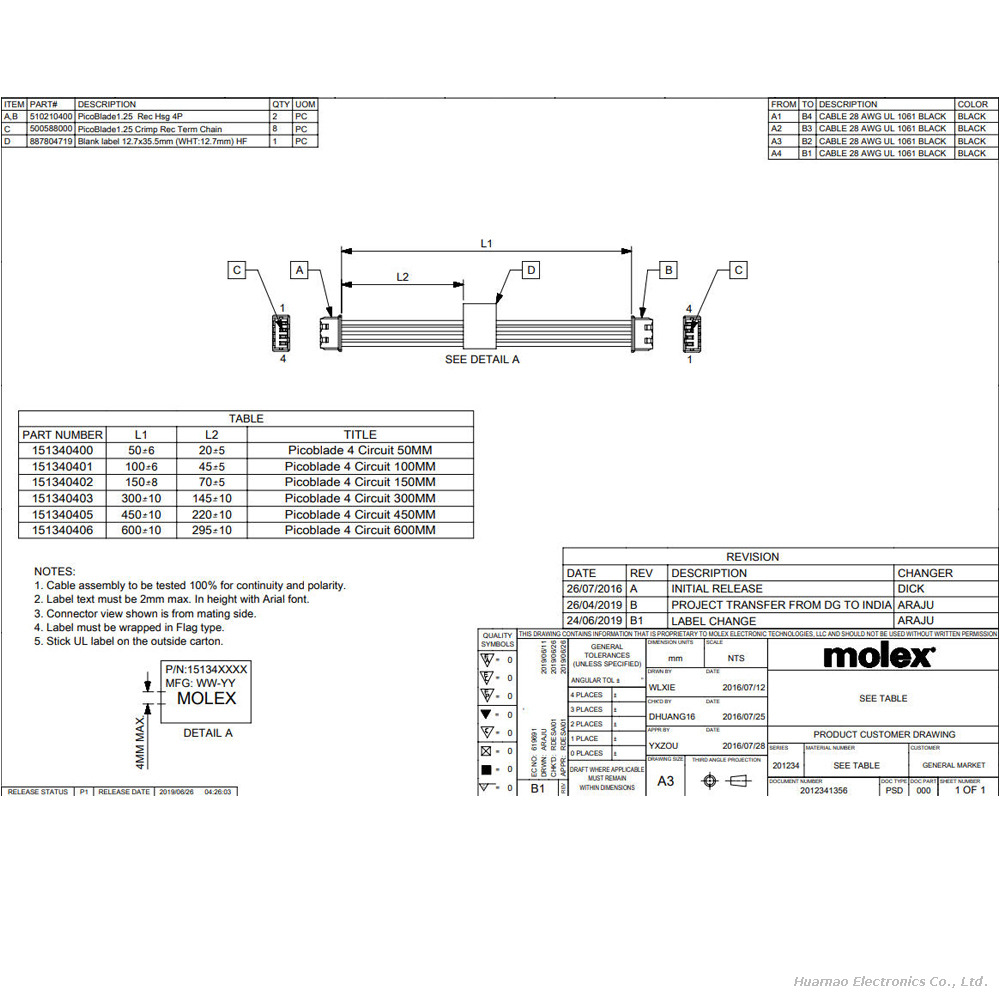 Molex151340400 Plug Connector Wire 4P OTS Female To PicoBlade Female Cable Assembly
