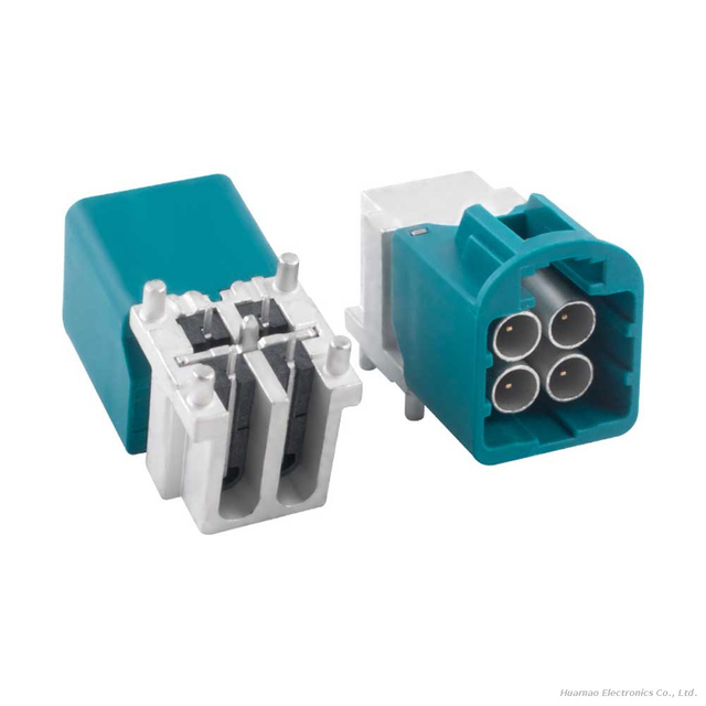HFM MINI-FAKRA 4-in-1 Right Angle Male Horizontal PCB Mount Connector for Vehicles