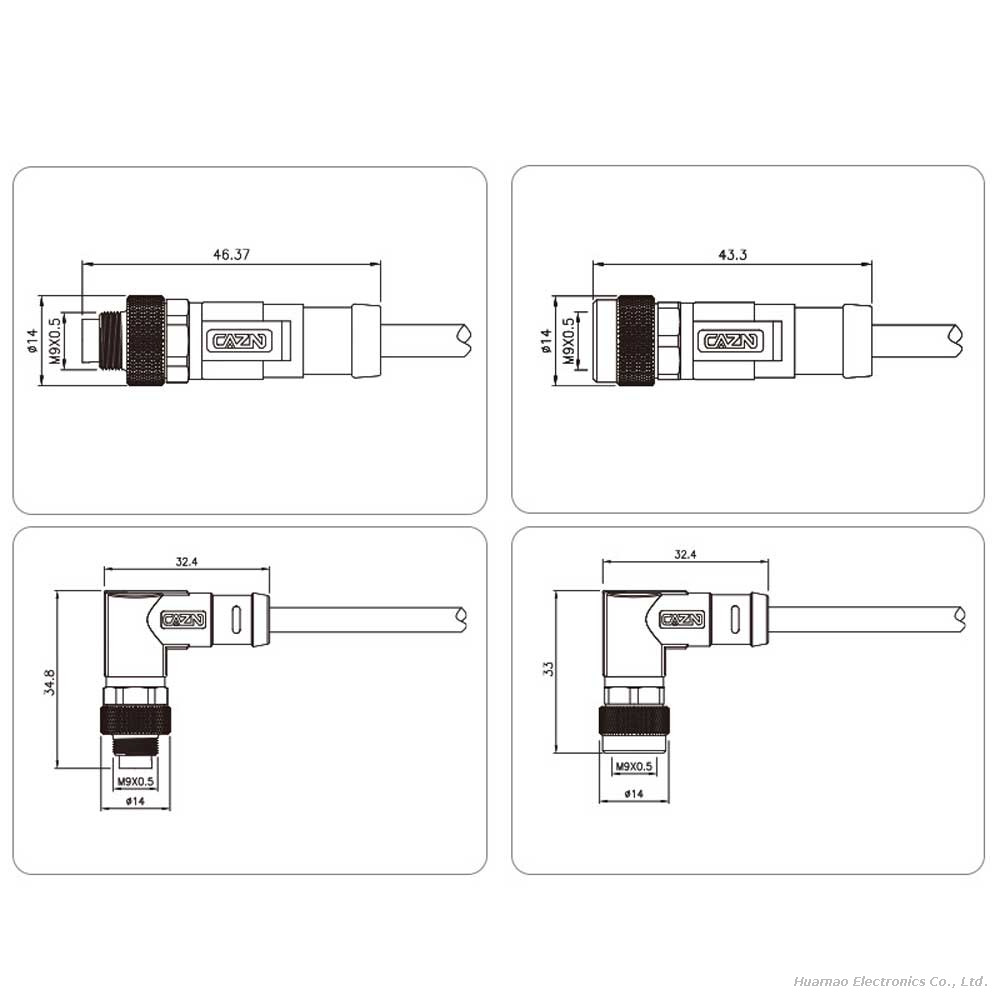 Industrial M9 Male To Pigtail Wire Connector Right Angle 4 Core Small Circular Connector Wire Harness
