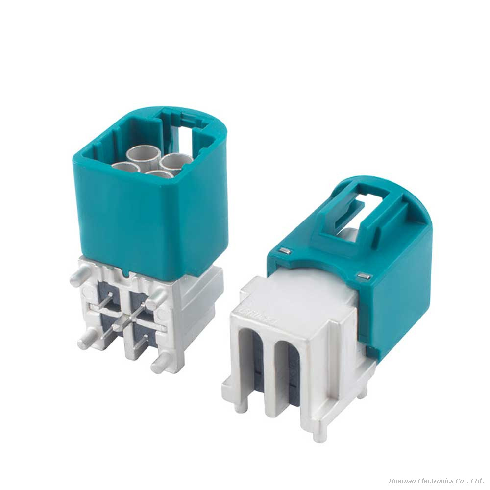 HFM MINI-FAKRA 4-in-1 Right Angle Male Horizontal PCB Mount Connector for Vehicles